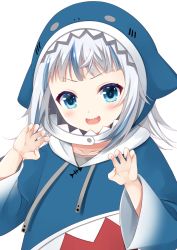 Rule 34 | 1girl, :d, blue eyes, blue hair, blue hoodie, blush, claw pose, collarbone, commentary request, drawstring, gawr gura, gawr gura (1st costume), hands up, highres, hololive, hololive english, hood, hood up, hoodie, long hair, long sleeves, looking at viewer, minatsuki alumi, multicolored hair, open mouth, sharp teeth, simple background, smile, solo, streaked hair, teeth, upper body, virtual youtuber, white background, white hair, wide sleeves