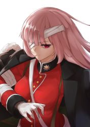 Rule 34 | 1girl, bandage over one eye, breasts, closed mouth, fate/grand order, fate (series), florence nightingale (fate), florence nightingale (third ascension) (fate), jacket, jacket on shoulders, long hair, looking at viewer, medium breasts, military, military uniform, pink hair, pinta (ayashii bochi), purple eyes, simple background, solo, tsurime, uniform, upper body, white background