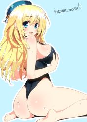 Rule 34 | 10s, 1girl, artist name, ass, atago (kancolle), barefoot, blonde hair, blush, breasts, female focus, grabbing, grabbing another&#039;s breast, green eyes, hat, inuzumi masaki, kantai collection, large breasts, long hair, looking at viewer, one-piece swimsuit, open mouth, simple background, sitting, smile, solo, strap gap, swimsuit, twitter username, wariza
