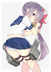 Rule 34 | 10s, 1girl, accidental exposure, akebono (kancolle), ass, bell, blue skirt, blush, clothes lift, commentary request, flower, from behind, hair bell, hair flower, hair ornament, hamaken. (novelize), highres, jingle bell, kantai collection, long hair, looking back, machinery, midriff, panties, pantyshot, pleated skirt, purple eyes, purple hair, school uniform, serafuku, short sleeves, side ponytail, skirt, skirt lift, solo, standing, turret, underwear, upskirt, very long hair, white panties