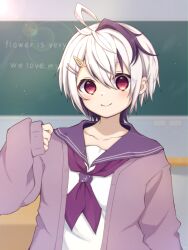 Rule 34 | 1girl, ahoge, chalkboard, classroom, collarbone, english text, flower (vocaloid), flower (vocaloid4), hair ornament, hairclip, highres, indoors, jacket, long sleeves, looking at viewer, multicolored hair, neckerchief, purple eyes, purple hair, purple jacket, purple neckerchief, purple sailor collar, rageno0000, sailor collar, school, shirt, sleeves past wrists, smile, solo, streaked hair, tomboy, variant set, vocaloid, white hair, white shirt