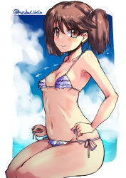 Rule 34 | 10s, 1girl, :&gt;, bare arms, bare shoulders, bikini, blue sky, blush, breasts, brown eyes, brown hair, closed mouth, collarbone, day, frilled bikini, frills, hair tie, kantai collection, legs together, micro bikini, navel, open mouth, outdoors, outside border, pink bikini, pink ribbon, purple bikini, purple ribbon, ribbon, ryuujou (kancolle), shinshin, shiny skin, side-tie bikini bottom, sitting, sky, small breasts, smile, solo, speech bubble, stomach, strap gap, sweat, swimsuit, tareme, twitter username, two side up