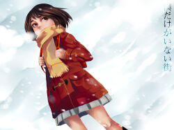 1girl absurdres ao_clover backpack bag black_footwear bob_cut boku_dake_ga_inai_machi breath brown_eyes brown_hair coat cold commentary copyright_name covered_mouth duffel_coat dutch_angle english_commentary frog_button from_below from_side grey_skirt grey_sky highres hinazuki_kayo holding_strap looking_afar looking_to_the_side mixed-language_commentary nose outdoors overcast pleated_skirt randoseru red_bag red_coat scarf short_hair skirt sky snowflakes snowing solo toggles translated winter winter_clothes yellow_scarf