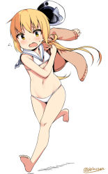 Rule 34 | 1girl, bare arms, bare shoulders, barefoot, beret, bikini, binsen, blonde hair, blush, bow, collarbone, commentary request, cosplay, eyebrows, flat chest, flying sweatdrops, full body, hat, hat bow, kantai collection, long hair, long sleeves, low twintails, navel, open mouth, running, sailor bikini, sailor collar, satsuki (kancolle), solo, swimsuit, twintails, twitter username, white bikini, yellow eyes, z3 max schultz (kancolle), z3 max schultz (kancolle) (cosplay)
