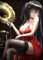 Rule 34 | 1girl, ;p, ahoge, arm under breasts, azur lane, bare shoulders, black hair, blush, breasts, choker, cleavage, cocktail dress, collarbone, crossed legs, cup, dress, hair between eyes, hair ornament, highres, holding, holding cup, large breasts, long hair, looking at viewer, nev (nevblindarts), official alternate costume, one eye closed, one side up, phonograph, red choker, red dress, red eyes, sitting, smile, solo, taihou (azur lane), taihou (forbidden feast) (azur lane), thighhighs, thighs, tongue, tongue out, very long hair