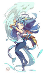 Rule 34 | 1girl, black hair, blue eyes, blue pantyhose, blue theme, brass knuckles, chinese clothes, dragon, dragon tail, feet, floating hair, from side, full body, highres, horns, karin (p&amp;d), long hair, md5 mismatch, no shoes, pantyhose, parted lips, puzzle &amp; dragons, resolution mismatch, simple background, sleeveless, solo, source larger, tail, tennohi, water, weapon, white background