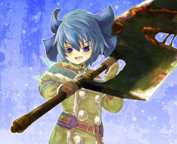 Rule 34 | 1girl, alternate costume, blue eyes, blue hair, bow, capcom, capelet, cirno, hair bow, huge weapon, matching hair/eyes, mitsuki yuuya, monster hunter (series), parody, short hair, solo, sword, touhou, weapon, wings, winter clothes