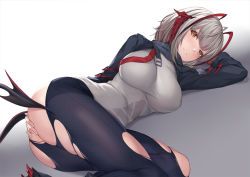 Rule 34 | 1girl, antenna hair, arknights, ass, black jacket, black pants, breasts, demon tail, grey hair, grey shirt, hand on own ass, horns, jacket, large breasts, long sleeves, looking at viewer, lying, multicolored hair, on side, pak ce, pants, parted lips, shirt, short hair, skindentation, solo, streaked hair, tail, torn clothes, torn pants, w (arknights), white background