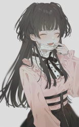 Rule 34 | 1girl, black hair, black ribbon, black skirt, blunt bangs, blurry, blush, breasts, buttons, closed eyes, depth of field, facing viewer, frilled shirt, frilled shirt collar, frilled sleeves, frills, grey background, hand to own mouth, hand up, highres, idolmaster, idolmaster shiny colors, long hair, long sleeves, mameko (l8 w3), mask, mask pull, mayuzumi fuyuko, medium breasts, mouth mask, neck ribbon, open mouth, pink shirt, pulling own clothes, ribbon, shirt, sidelocks, simple background, skirt, sleeves past wrists, smile, solo, standing, surgical mask, teeth, two side up, upper body