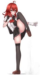 Rule 34 | 1girl, absurdres, ahoge, arashi (kancolle), black skirt, black thighhighs, black vest, brown footwear, commentary request, dress shirt, fighting stance, full body, gloves, grin, highres, kantai collection, loafers, medium hair, neckerchief, panties, pleated skirt, red hair, red neckerchief, school uniform, shirt, shoes, simple background, skirt, smile, solo, standing, standing on one leg, thighhighs, tiemu (man190), underwear, vest, white background, white gloves, white panties, white shirt, yellow eyes