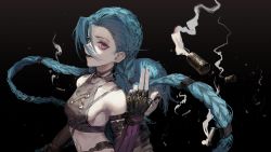 Rule 34 | 2girls, absurdres, arcane: league of legends, arcane jinx, black background, black gloves, black shirt, blouse, blue hair, blue nails, breasts, bullet, commentary, commentary request, detached sleeves, fingerless gloves, floating hair, from side, gloves, hand up, highres, jinx (league of legends), league of legends, long sleeves, looking at viewer, multicolored nails, multiple girls, nail polish, open mouth, pink eyes, pink nails, rsef, shirt, shoulder tattoo, sideways glance, sleeveless, sleeveless shirt, small breasts, smile, smoke, tattoo, twintails
