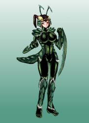 Rule 34 | 1girl, absurdres, antenna, armor, arthropod girl, blush, bodysuit, breasts, brown hair, clenched hands, commentary request, feet, fighting stance, full body, gradient background, hair ornament, hairband, highres, large breasts, legs, looking at viewer, mantis (monster girl encyclopedia), monster girl, monster girl encyclopedia, ponytail, red eyes, shoulder guard, shy, simple background, solo, thighs, udetamago