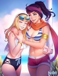 Rule 34 | 2girls, arms around neck, beach, bikini, bikini top only, blonde hair, blue eyes, bow, breasts, cellphone, closed eyes, fiora (league of legends), highres, hug, league of legends, leaning on person, looking at another, lux (league of legends), medium breasts, midriff, multiple girls, navel, phone, pool party fiora, purple hair, shorts, smile, stomach, swimsuit, tank top, tsuaii