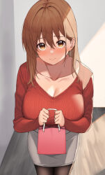 Rule 34 | 1girl, absurdres, bag, bandaid, bandaid on hand, black pantyhose, blush, breasts, brown eyes, brown hair, cleavage, commentary request, earrings, grey skirt, hair between eyes, highres, holding, holding bag, indoors, jewelry, large breasts, long hair, long sleeves, looking at viewer, mole, mole under eye, office lady, original, pantyhose, pencil skirt, red sweater, skirt, solo, standing, sweater, udon (udonalium)