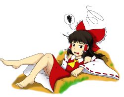 Rule 34 | 1girl, ascot, bad id, bad pixiv id, bare shoulders, barefoot, black hair, blouse, bow, collared shirt, d:, detached sleeves, fallen down, giantcavemushroom, hair bow, hair tubes, hakurei reimu, highres, large bow, looking at viewer, messy hair, open mouth, pitfall, shirt, skirt, skirt set, solo, spoken squiggle, squiggle, stick, sweat, toes, touhou