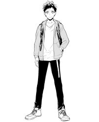 Rule 34 | 1boy, akagi kanata, backpack, bag, closed mouth, fate/type redline, fate (series), full body, greyscale, hand in pocket, highres, hirano ryouji, jacket, male focus, monochrome, official art, open clothes, open jacket, shoes, sneakers, solo