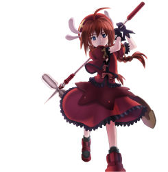 Rule 34 | 00s, 1girl, ahoge, ankle boots, beret, boots, braid, dress, full body, graf eisen, hammer, hat, holding, holding weapon, looking at viewer, lyrical nanoha, mahou shoujo lyrical nanoha, mahou shoujo lyrical nanoha a&#039;s, puffy short sleeves, puffy sleeves, red dress, short sleeves, simple background, solo, sorethroat, spikes, twin braids, vita (nanoha), walking, weapon, white background