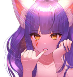 Rule 34 | 1girl, animal ear fluff, animal ears, artist name, collarbone, daji (monster strike), facial mark, hands up, kohanayuki, light blush, lips, long hair, looking at viewer, monster strike, nail polish, pink lips, pink nails, pinky out, purple hair, signature, simple background, solo, string around finger, white background, yellow eyes