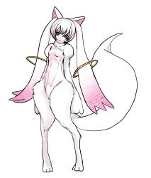 Rule 34 | 10s, 1girl, :3, animal ears, body fur, flat chest, furry, furry female, highres, kyubey, mahou shoujo madoka magica, mahou shoujo madoka magica (anime), nipples, nude, personification, red eyes, short hair, solo, tail, task (artist), white hair