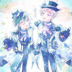 Rule 34 | 2boys, aqua eyes, black gloves, black pants, commentary request, ensemble stars!, floral background, gloves, green hair, hat, heterochromia, highres, holding hands, itsuki shu, kagehira mika, lapels, looking at viewer, multiple boys, outstretched hand, pants, parted lips, pink hair, purple eyes, short hair, valkyrie (ensemble stars!), wednesday 108, yellow eyes
