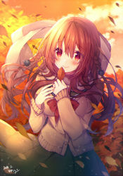 Rule 34 | 1girl, autumn leaves, azu torako, black sailor collar, blush, bow, braid, brown cardigan, brown hair, cardigan, cat hair ornament, closed mouth, cloud, commentary request, dated, fingernails, floating hair, green skirt, hair between eyes, hair ornament, hands up, head tilt, holding, holding leaf, leaf, long hair, long sleeves, original, pleated skirt, red bow, red eyes, sailor collar, side braids, signature, skirt, sky, sleeves past wrists, smile, solo, sunset, twin braids, very long hair