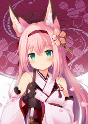 Rule 34 | 1girl, absurdres, animal ear fluff, animal ears, azur lane, bad id, bad pixiv id, bare shoulders, black gloves, blush, bow, cherry blossom print, closed mouth, commentary request, detached sleeves, floral print, gloves, green eyes, hair between eyes, hair bow, hairband, hanazuki (azur lane), highres, holding, holding umbrella, japanese clothes, kimono, long hair, long sleeves, looking at viewer, md5 mismatch, nekono rin, obi, oil-paper umbrella, petals, pink hair, print umbrella, purple umbrella, red bow, red hairband, resolution mismatch, sash, sleeveless, sleeveless kimono, smile, solo, umbrella, upper body, white kimono, wide sleeves