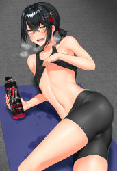 Rule 34 | 1boy, absurdres, alternate costume, ass, bike shorts, black hair, black shorts, black tank top, blush, bottle, breath, bulge, clothes lift, collarbone, crotch seam, crow (鴉), dripping, earrings, energy drink, exercising, fangs, fingernails, hair between eyes, hair ornament, hairclip, hand up, highres, holding, holding bottle, indoors, jewelry, jitome, karasu (jjwh2832), lifted by self, looking at viewer, lying, male focus, mashiro meme, monster energy, nail polish, navel, nijisanji, nipples, on floor, on side, open mouth, red nails, safety pin, shiny clothes, shirt lift, short hair, short ponytail, short shorts, shorts, sidelocks, solo, stud earrings, sweat, tank top, trap, virtual youtuber, yellow eyes