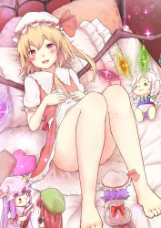 1girl absurdres ascot ass barefoot blonde_hair blush character_doll clothes_lift convenient_leg crystal dutch_angle fang female_focus flandre_scarlet full_body glowing hat hat_ribbon heart heart-shaped_pupils highres hong_meiling izayoi_sakuya looking_at_viewer lying mob_cap moyashi_baasuto on_back on_bed open_mouth patchouli_knowledge pillow puffy_sleeves red_eyes remilia_scarlet ribbon shirt short_sleeves side_ponytail skirt skirt_lift skirt_set smile solo sparkle symbol-shaped_pupils touhou vest wings