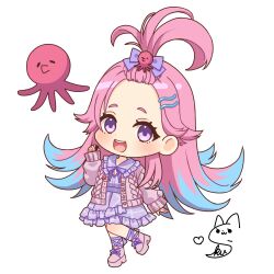 Rule 34 | 1girl, :d, bangs pinned back, blue hair, bow, breasts, cleavage, commentary request, commission, copyright request, dress, forehead, gradient hair, hair bow, hair ornament, hairclip, hand up, highres, holding, jacket, kurono kito, long hair, long sleeves, multicolored hair, octopus hair ornament, open clothes, open jacket, open mouth, pink footwear, pink hair, pink jacket, puffy long sleeves, puffy sleeves, purple bow, purple dress, purple eyes, shoes, short eyebrows, signature, simple background, skeb commission, sleeves past wrists, small breasts, smile, solo, standing, standing on one leg, thick eyebrows, very long hair, virtual youtuber, white background