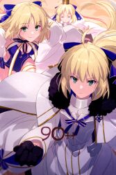 Rule 34 | 3girls, ahoge, armor, armored dress, artoria caster (fate), artoria caster (swimsuit) (fate), artoria caster (swimsuit) (third ascension) (fate), artoria caster (third ascension) (fate), artoria pendragon (fate), bare shoulders, black gloves, blonde hair, blue hair, blue one-piece swimsuit, blue ribbon, blush, bow, breastplate, breasts, capelet, cloak, closed eyes, crown, detached sleeves, dress, echo (circa), facial mark, fate/grand order, fate (series), forehead mark, fur-trimmed capelet, fur-trimmed cloak, fur trim, gloves, green eyes, hair bow, hair ribbon, long hair, long sleeves, looking at viewer, medium breasts, multicolored hair, multiple girls, multiple persona, one-piece swimsuit, ponytail, ribbon, swimsuit, thighs, aesc (fate), twintails, two-tone hair, very long hair, white capelet, white cloak, white dress, white ribbon, white sleeves, wide sleeves
