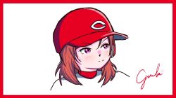 Rule 34 | 1girl, artist name, artist request, baseball cap, blush, cincinnati reds, female focus, hair between eyes, hat, highres, looking at viewer, love live!, love live! school idol project, nishikino maki, parted lips, purple eyes, red hair, red hat, shirt, short hair, smile, solo, upper body, v-shaped eyebrows, white background, white shirt