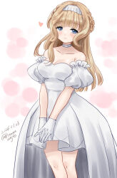 Rule 34 | 1girl, alternate costume, bare shoulders, blonde hair, blue eyes, braid, breasts, collarbone, cowboy shot, crown braid, dress, gloves, hairband, kantai collection, kitagawa mikio, looking at viewer, medium breasts, off-shoulder dress, off shoulder, one-hour drawing challenge, ranger (kancolle), solo, white gloves, white hairband