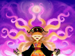 Rule 34 | 1girl, :d, beads, black dress, black hat, chinese clothes, claws, closed eyes, colored eyelashes, crescent, crescent moon, dress, eyebrows, eyelashes, facing viewer, fangs, floating hair, full moon, hat, highres, junko (touhou), laughing, long hair, long sleeves, moon, official style, open mouth, orange hair, ribbon, saliva, smile, solo, space, spitting, star (sky), tabard, tassel, teeth, touhou, turtleneck, very long hair, wide sleeves, yellow ribbon, yuki-ichigo, zun (style)