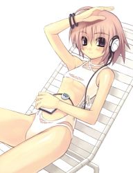 Rule 34 | 1girl, bangle, blush, bracelet, breasts, casual one-piece swimsuit, cd player, chair, discman, earphones, flat chest, headphones, jewelry, looking at viewer, lounge chair, lying, ninozen, one-piece swimsuit, pink hair, purple eyes, reclining, shading eyes, short hair, simple background, small breasts, solo, sunbathing, swimsuit, underboob, white background