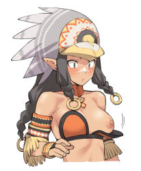 Rule 34 | 1girl, aroeri, bare shoulders, blush, braid, breasts, cropped torso, dark-skinned female, dark skin, detached collar, detached sleeves, female focus, headdress, looking down, medium breasts, native american, native american headdress, nipples, one breast out, pointy ears, ring hair ornament, scar, scar on face, scar on nose, shouji nigou, side braid, simple background, solo, strapless, summon night, summon night 4, tribal, upper body, wardrobe malfunction, white background