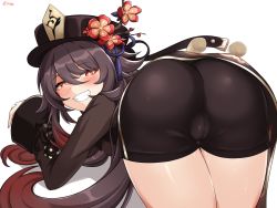 Rule 34 | 1girl, all fours, ass, ass focus, bent over, black shorts, blush, brown hair, cameltoe, flower, from behind, genshin impact, half-closed eyes, hat, highres, hu tao (genshin impact), huge ass, kimofest, long sleeves, looking at viewer, multicolored hair, naughty face, red eyes, red hair, shiny clothes, shiny skin, short shorts, shorts, simple background, smile, smug, solo, star-shaped pupils, star (symbol), symbol-shaped pupils, thick thighs, thighs, twintails, two-tone hair, white background, wide sleeves