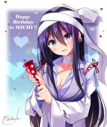 Rule 34 | 1girl, :d, bandaged neck, bandages, blush, bow, breasts, cleavage, collarbone, collared shirt, commentary request, confetti, copyright request, earrings, hair between eyes, head tilt, highres, holding, jacket, jewelry, lab coat, large breasts, long hair, mokufuu, open clothes, open mouth, party popper, purple eyes, purple hair, purple jacket, purple shirt, shirt, signature, smile, solo, spoken blush, stitches, torn clothes, upper body, very long hair, virtual youtuber, white bow