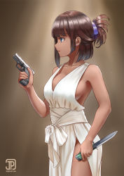 Rule 34 | 1girl, artist name, asymmetrical hair, bare arms, bare shoulders, blue eyes, blunt bangs, breasts, brown background, brown hair, close quarters combat, closed mouth, collarbone, combat knife, combination weapon, cowboy shot, dark-skinned female, dark skin, dated, dress, dual wielding, earrings, gun, hair ornament, hairclip, half updo, handgun, highres, holding, holding gun, holding knife, holding weapon, jewelry, jpc, knife, knife gun, medium breasts, medium hair, nrs-2, nrs-2 scout firing knife, original, p99, pistol, plunging neckline, profile, side slit, sideboob, sidelocks, simple background, solo, stud earrings, survival knife, trigger discipline, tsniitochmash, tula arms plant, walther, walther p99, weapon, white dress