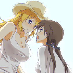 Rule 34 | 2girls, angry, bad id, bad pixiv id, blonde hair, blush, brown eyes, brown hair, charlotte e. yeager, eye contact, gertrud barkhorn, hat, height difference, kisetsu, long hair, looking at another, multiple girls, open mouth, shirt, shouting, simple background, smile, strap slip, strike witches, tank top, twintails, underwear, white background, world witches series, yuri