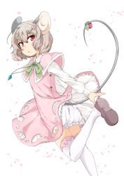Rule 34 | alternate color, animal ears, arms behind back, bloomers, brown footwear, capelet, commentary request, cowboy shot, dress, dutch angle, expressionless, flower, frilled thighhighs, frills, grey hair, hair flower, hair ornament, hairclip, highres, jewelry, long sleeves, looking at viewer, mary janes, mepikari, mouse ears, mouse tail, nazrin, neck ribbon, pendant, petals, petticoat, pinafore dress, pink capelet, pink dress, plum, red eyes, ribbon, shirt, shoes, short hair, simple background, sleeveless dress, solo, standing, standing on one leg, tail, thighhighs, touhou, underwear, white background, white shirt, white thighhighs
