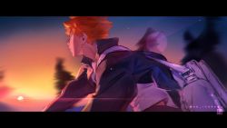Rule 34 | 1boy, bag, blurry, haikyuu!!, highres, hinata shouyou, jacket, lens flare, letterboxed, male focus, open clothes, open jacket, orange hair, re it0, solo, sunset, twitter username, upper body