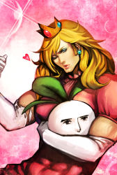 Rule 34 | 1girl, abs, bad deviantart id, bad id, biceps, blonde hair, crown, dress, earrings, elbow gloves, erina, eyeshadow, flexing, gloves, heart, highres, jewelry, kuso miso technique, lips, lipstick, long hair, makeup, manly, mario (series), nintendo, noa ikeda, one eye closed, pink background, pink dress, princess peach, sideburns, solo, torn clothes, torn gloves, turnip, wink