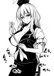 Rule 34 | 1girl, black dress, black thighhighs, blush, breasts, breath, cleavage, collarbone, covered erect nipples, cowboy shot, diisuke, dress, greyscale, hat, kamishirasawa keine, large breasts, long hair, looking at viewer, monochrome, puffy short sleeves, puffy sleeves, riding crop, short sleeves, smell, smile, solo, sweat, teacher, thighhighs, touhou