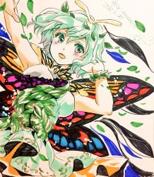 Rule 34 | 1girl, antennae, aqua hair, bad id, bad twitter id, blush, brown eyes, butterfly wings, dated, downscaled, dress, eternity larva, fairy, green dress, hair between eyes, highres, insect wings, iori mokamoka, leaf, leaf on head, multicolored clothes, multicolored dress, open mouth, resized, shikishi, short hair, short sleeves, single strap, solo, teeth, third-party source, touhou, twitter username, upper teeth only, wings