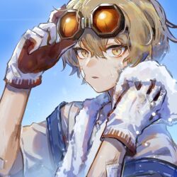 Rule 34 | 1boy, bandaid, bandaid on face, blonde hair, blue sky, gloves, goggles, goggles on head, highres, limbus company, looking at viewer, male focus, naked towel, overalls, portrait, project moon, shiqicheng, shirt, short sleeves, sinclair (project moon), sky, solo, towel, white gloves, white shirt, yellow eyes