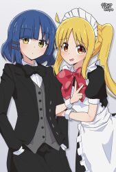 Rule 34 | 2girls, :d, absurdres, ahoge, apron, artist name, black bow, black bowtie, black dress, black jacket, black pants, blonde hair, blue hair, blush, bow, bowtie, closed mouth, collared shirt, dress, formal, grey vest, hair ornament, hairclip, hands in pockets, highres, ijichi nijika, jacket, long hair, long sleeves, looking at viewer, maid, maid apron, maid headdress, mole, mole under eye, multiple girls, open clothes, open jacket, open mouth, pants, puffy short sleeves, puffy sleeves, red bow, red bowtie, red eyes, rokochandayo, shirt, short hair, short sleeves, side ponytail, sidelocks, simple background, smile, suit, twitter username, v, vest, watermark, white apron, white background, white shirt, wrist cuffs, yamada ryo, yellow eyes