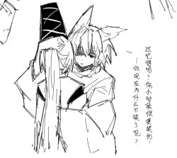 Rule 34 | 2girls, alternate costume, chinese commentary, chinese text, commentary request, cropped legs, detached sleeves, dot nose, from behind, greyscale, hair between eyes, hair ears, hat, hat ribbon, highres, hug, japanese clothes, kariginu, long hair, long sleeves, monochrome, mononobe no futo, multiple girls, open mouth, ponytail, ribbon, shaded face, simple background, sketch, sleeves past fingers, sleeves past wrists, straight hair, talking, tate eboshi, touhou, toyosatomimi no miko, translation request, very long hair, white background, wide sleeves, xingxunyou