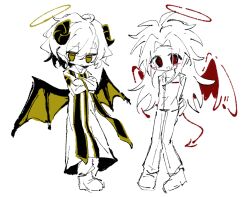Rule 34 | 2boys, angel wings, bat wings, blush stickers, chinese commentary, closed mouth, commentary request, crossed arms, demon tail, halo, hatsutori hajime, highres, hood, hood down, hooded robe, horizontal pupils, horns, jiekuijiangshadaonijiamenkou, long hair, long sleeves, male focus, multiple boys, open mouth, parted bangs, robe, saibou shinkyoku, simple background, sketch, smile, spot color, stole, tail, utsugi noriyuki, white background, wings