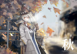 Rule 34 | 1girl, absurdres, arknights, asans, autumn leaves, black hat, breasts, coat, copyright name, cup, disposable coffee cup, disposable cup, falling leaves, grey hair, hand in pocket, hand up, hat, highres, holding, holding cup, leaf, long hair, medium breasts, open clothes, open coat, outdoors, red eyes, rhodes island logo (arknights), shirt, skadi (arknights), solo, white coat, white shirt, window