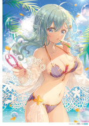 Rule 34 | 1girl, :o, ahoge, aqua hair, artist name, bare shoulders, between breasts, bikini, blue eyes, blue sky, blush, braid, breasts, blowing bubbles, chestnut mouth, cleavage, cloud, collarbone, copyright request, cowboy shot, day, half updo, heart, highres, holding, long hair, long sleeves, looking at viewer, medium breasts, navel, off shoulder, open mouth, outdoors, page number, petals, purple bikini, scan, see-through, serino itsuki, sky, soap bubbles, solo, stomach, striped bikini, striped clothes, swimsuit, vertical-striped bikini, vertical-striped clothes